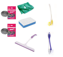 York Double Hockey Toilet Cleaning Brush, Sink Brush, Bathroom Squeegee Plastic Wiper, Microfiber Floor Cloth, Cellulose Sponge For Cleaning Sinks, Bathtubs and Spiral Steel Scrubber Mini - 2 Pc