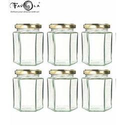 Favola Essentials Hexagonal Lug Glass Jar, Gold Lid, 250 ml, Set of 6, Clear