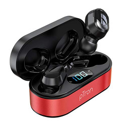 PTron Bassbuds Plus in Ear True Wireless Stereo Earbuds with Mic, Deep Bass Bluetooth Headphones, Voice Assistance, IPX4 Sweat & Water Resistant TWS, 12Hrs Battery & Fast Charge (Red & Black)