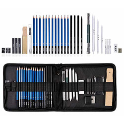 Electomania Drawing Pencils and Sketch Kit,33-Pieces Professional Sketch Pencils Set Includes Graphite Pencils,Charcoal Pencils,Charcoal Sticks,Graphite Sticks,Paper Erasable Pen,Sandpaper