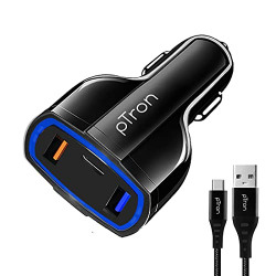 pTron Bullet Pro 36W PD Quick Charger with 3A Type-C 1.5 Meter Nylon Braided USB Cable, 3 Port Fast Car Charger Adapter - Compatible with All Smartphones & Tablets (Black)