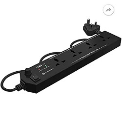 Portronics Power Plate 4 Extension Board with 4 Universal Sockets, USB Charging Port, 1.5 Meter Long Cord, 1500 Watts, Child Safety Shutter, 3 Pin Multi Plug for Home Appliances (Black)