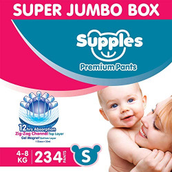 Amazon Brand - Supples Premium Baby Diaper Pants | 234 Baby Diapers | Small | 4-8 Kg | 78 x 3 Packs | 12 Hrs Absorption | Cushiony Cotton Soft Fabric | Phthalates-Free | Triple Leak Guard