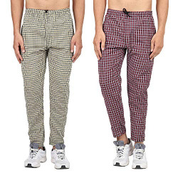 River Hill Men's Cotton Checkered Yellow, Red Pyjama (Pack of 2)