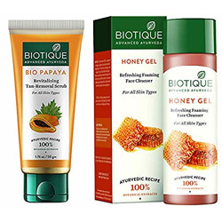 Biotique Bio Papaya Revitalizing Tan Removal Scrub, 50g And Biotique Bio Honey Gel Refreshing Foaming Face Cleanser, 120ml