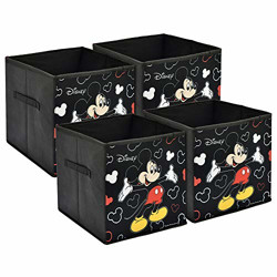 Fun Homes Disney Mickey Mouse Print Non Woven Fabric 4 Pieces Foldable Large Size Storage Cube Toy,Books,Shoes Storage Box with Handle (Black)