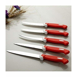 Bluewhale Multipurpose Stainless Steel Fine Edge Knife Set with Perfect Grip Handle for Home Kitchen Knives Chaku Set Combo - Pack of 5 Piece (Red)