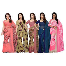 Ishin Combo of 5 Faux Georgette Multicolor Printed Women's Saree/Sari