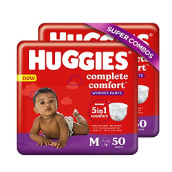 Huggies Wonder Pants, Medium (M) Size Baby Diaper Pants, 7 - 12 kg, Combo Pack of 2, 50 count Per Pack, 100 count, with Bubble Bed Technology for comfort