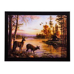 eCraftIndia 'Deer's Drinking Water' Matt Textured Framed UV Art Painting (Synthetic Wood, 35.55 cm x 1.27 cm x 27.93 cm)