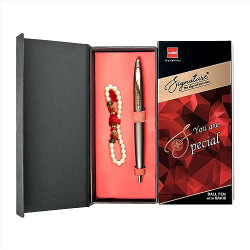 Cello Signature Pen Gift Set | Blue Ink | Pack Of 1 Rudraksha Pearl Bracelet & 1 Ball Pen | Gun Metal Finish | Premium Metal Pens for Office Use | Corporate Gifting | Stylish Gifts for Bhai Dooj