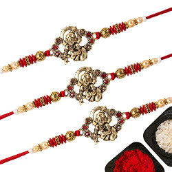 NUMINUS Set Of 3 Stylish Rakhi For Brother With Roli Chawal And Greeting | Multiple Varieties Of Rakhi For Bhai | Rakhi Combo With Beautiful Card Packing | C5