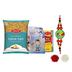 Rakhi Gift Combo for Kids- Sweets , Namkeen and Toys with Rakhi & Roli Chawal -KD-BK-MAN250-BK-tanatan400-CB15B