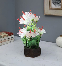 Fourwalls Artificial Hibiscus Flower with Wood Pot (White, 1 Piece)