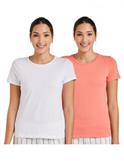 Amazon Brand - Symbol Women's Solid Regular Fit Half Sleeve T-Shirt (RN-PO2-COMBO4-White & Coral Pink-XL) (Combo Pack of 2)