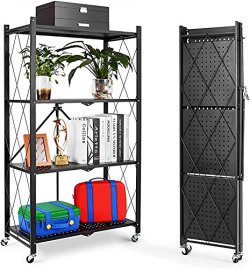 HOME CUBE 1 Pc 4 Layer Multifunctional Foldable Floor Standing Storage Rack with Caster Wheels,Metal Wire Rack, Heavy Duty, Space Saving Home Storage Organizer for Kitchen, Bedroom, Bathroom - Black