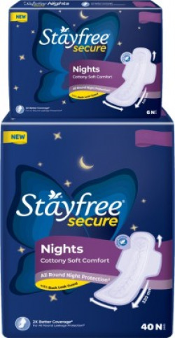 STAYFREE Secure Nights sanitary pads for women, cottony cover with 100% leakage protection, 2x coverage for worry free sleep, 46 pads Sanitary Pad(Pack of 46)