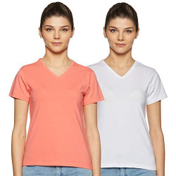 Amazon Brand - Symbol Women's Solid Regular Fit Half Sleeve T-Shirt (VN-PO2-COMBO21_White & Coral Pink_Small) (Combo Pack of 2)