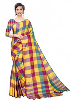 PATISOL Women's Silk Blend Saree with Blouse Piece (Upda-Purple-Yellow_Free Size)
