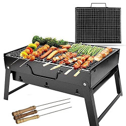GREEVA Folding Portable Outdoor Barbeque Charcoal BBQ Grill Oven Black Carbon Steel, Black with 3 BBQ Wooden Stick(3 skewers)