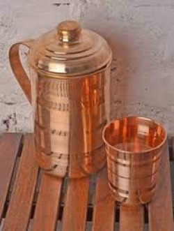 K K Traders 100% Pure Copper Plain Lining Style Jug & One Glass with Lid for Storage & Serving Water in Home & Hotel Restaurant Beneficial for Health