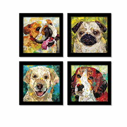 Artistic Dogs Framed Painting / Posters for Room Decoration , Set of 4 Black Frame Art Prints / Posters for Living Room By Painting Mantra (4 Unit, 9 x 9 Inches)