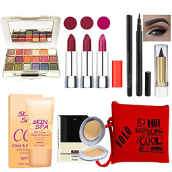volo Stylish Beauty combo makeup set (3 Pcs Lipsticks,1 Eye Shadow,1 CC Cream,1 Eyeliner,1 Compact,1 Kajal,1 Pouch) Set of 9 Pcs C4
