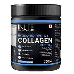 INLIFE Hydrolyzed Collagen Peptides Powder Supplements Type 1 and 3, Biotin, Vitamin C, Hyaluronic Acid, Glucosamine, Skin Health for Men & Women - 200g (Blueberry Flavour)