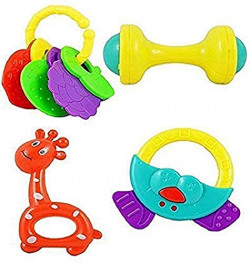 Entirety Non Toxic Lovely Attractive Set of 4 Pcs Rattles and Teether for Babies, Toddlers, Infants & Children Rattles Rattle Toys for Infants Best for Girls and Also Perfect to Gift .