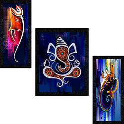 SND ART Set of 3 GANESHA UV Coated Home Decorative Gift Item Framed Painting 13.5 inch X 22.5 inch (MODERN05)