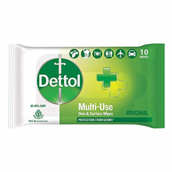 Dettol Disinfectant Skin & Surface Wipes, Original  10 Count| Safe on Skin| Ideal to Clean Multiple Surfaces| Resealable lock-lid