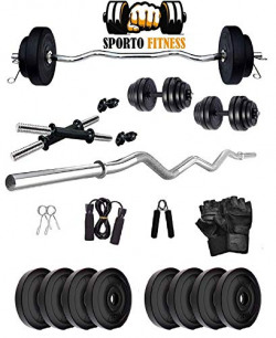 SPORTO FITNESS PVC 16 Kg Home Gym Set with One 3 ft Curl and One Pair Dumbbell Rods with Gym Accessories
