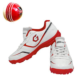 Gowin Academy White/Red Cricket Shoes Size-5 with SB-16 Cricket Ball with Moulded Cup Hand Stitched