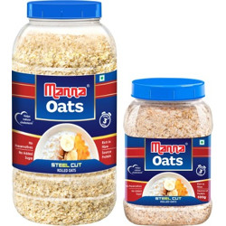 Manna Oats - 1.5kg (1kg x 1 Jar and 0.5kg x 1 Jar) | Gluten Free Steel Cut Rolled Oats | High in Fibre & Protein | 100% Natural | Helps Maintain Cholesterol. Good for Diabetics(1.5 kg, Plastic Bottle, Pack of 2)