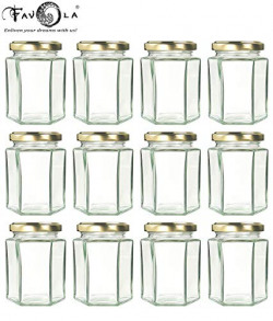 Favola Essentials Hexagonal Lug Glass Jar, Gold Lid, 250 ml, Set of 12, Clear