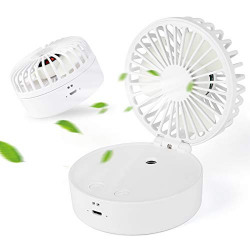 Outgeek USB Portable Foldable Standing Up Handheld Humidify Mist Rechargeable Battery Table Desk Fan with Night Light Air Humidifier and 3 Speeds with Rope Hole for Office Home Camping Dorm (White)