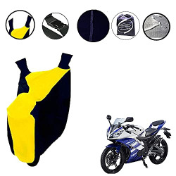 Auto Pearl Yellow and Blue Matty Bike Body Cover with Mirror Pockets Buckle Belt for - Yamaha YZF R15 S