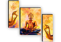 SAF Set of 3 Buddha Home Decorative Gift Item Self Adeshive UV Textured MDF Framed Painting 12 Inch X 18 Inch SAF-JM7735