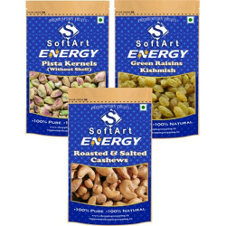 Soft Art Energy Pistachios Kernels, Green Kishmish (Green Raisins) & Roasted & Salted Cashew (250g Each) Vacuum Pack Pistachios, Raisins, Cashews(3 x 250 g)