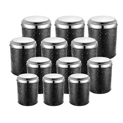 JENSONS Stainless Steel Progetto Series 12 Pcs Canister Set -Black & White Marble Finish with Mirror Polish S.Steel Lids