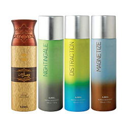 Ajmal 1 Wisal Dhahab for Men, 1 Nightingale, 1 Distraction and 1 Magnetize for Men & Women Deodorants each 200ML Combo pack of 4 (Total 800ML) + 4 Parfum Testers