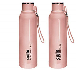 CELLO Puro Steel-X Benz 900 | Water Bottle with Inner Steel | Insulated Water Bottle | Set of 2 | 730 ml, Pink