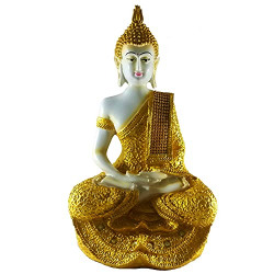 Sacred Blessings Polyresin Golden Sitting Buddha Statue Showpiece Idol for Home Decor (16 x 13 X 27) cm, 1 Piece