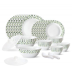 Larah by Borosil Sage Silk Series Opalware Dinner Set of Plates, Veg Bowls, Soup Bowl, Spoons, Serving Bowl with Lid | Bone-Ash Free Crockery Set for Dining (White, 35 Pieces)