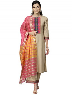 INDO ERA Women's Pure Cotton Salwar Suit Set (Kurta Set for Women IE10KS4BE1096_Beige_Large)