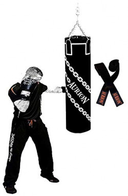 Aurion Unfilled Heavy Punch Bag 3ft 4ft 5ft Boxing MMA Sparring Punching Training Kickboxing Muay Thai with Focus Pad & Boxing Hand Wrap Hanging Chain (Black + Hand wrap, 24-inch (2 Feet))