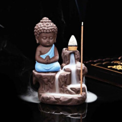 Craft Junction Handcrafted Meditating Little baby Monk Buddha Smoke Backflow Cone Incense Holder Decorative Showpiece  -  12 cm(Polyresin, Blue)