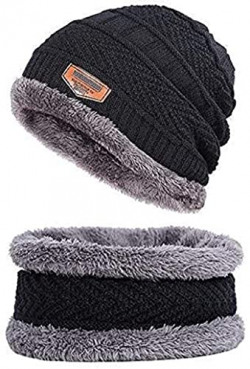 Zacharias Men's Woolen Cap with Neck Muffler/Neckwarmer Pack of 2 Black Free Size