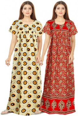Khushi Print Women Nighty(Yellow, Red)