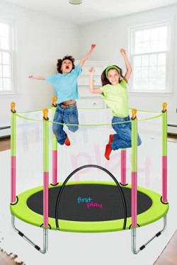 First Play 55 inch Trampoline with Safety Net & U-Shape Legs for Kids & Adults | Indoor & Outdoor Trampoline | Powerful Loading Capacity 120KG | Stainless Steel Frame & Legs (Green)